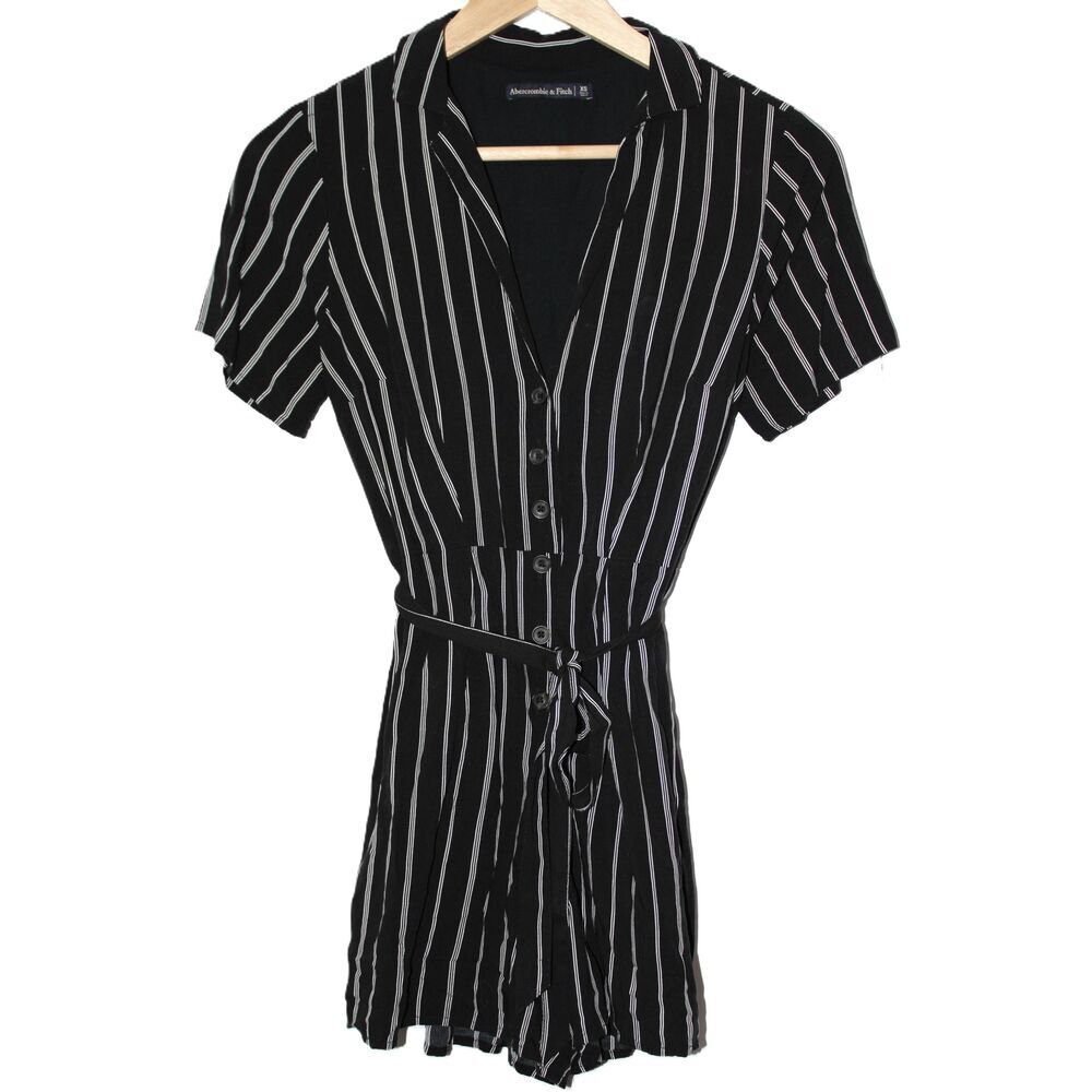 Womens Abercrombie & Fitch Black White Striped Viscose Belted Romper Size XS